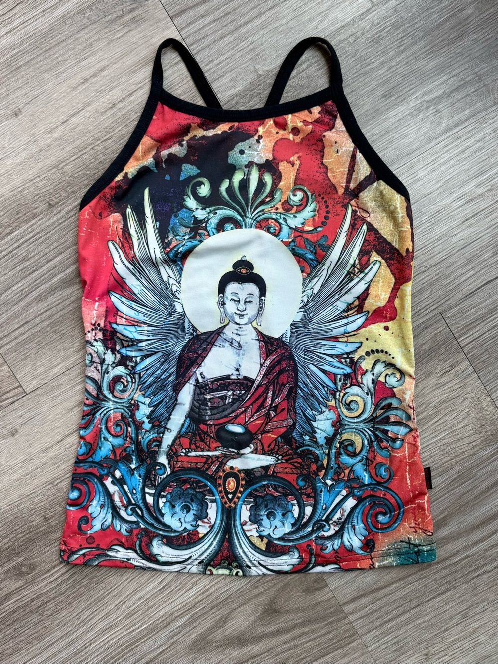 Vintage KOS USA Winged Buddha Yoga Tank Top Crossback 90s y2k Activewear Rave